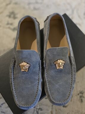 Versace MENS Gray Suede Loafers with Gold Medusa Emblems
